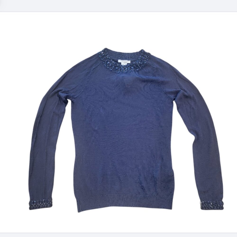 H&M Blue Beaded Neckline & Cuffs Sweater